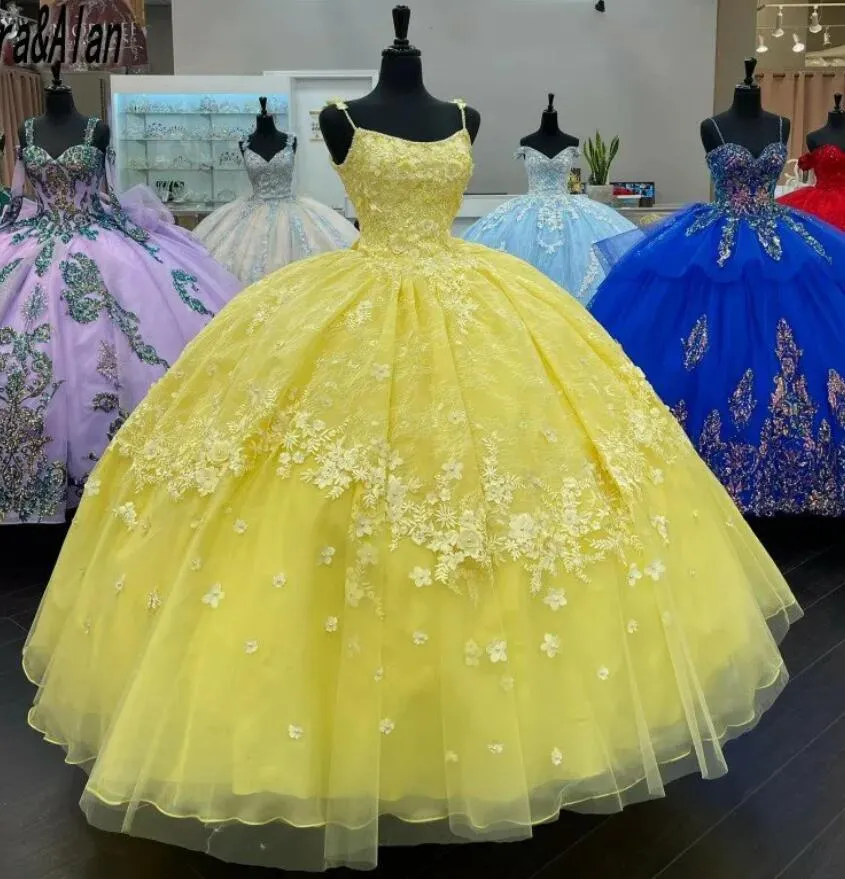 Gelbes Organza-Ballkleid Quinceanera-Kleider 2022 Wunderschöne Ballkleider 3D-Blumen Perlen Sweet-16-Kleid Vestidos De Fiesta B0701G04231L