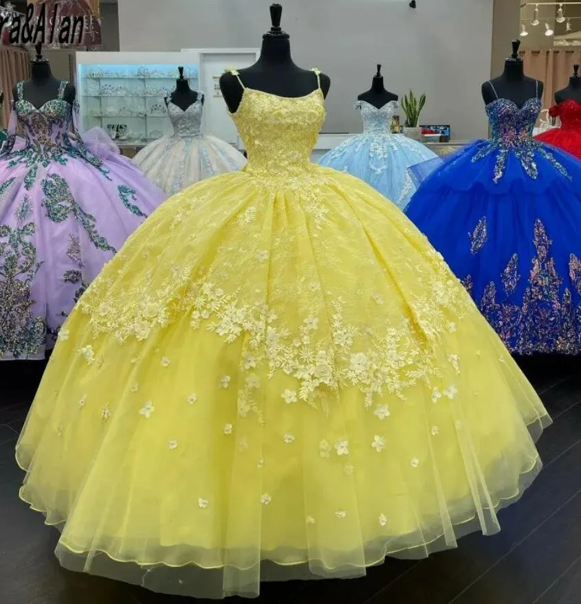 Żółta organza suknia balowa sukienki Quinceanera 2022 Wspaniałe suknie balowe 3d kwiaty z koralikami Sweet 16 sukienka vestidos de fiesta b0701g04274f