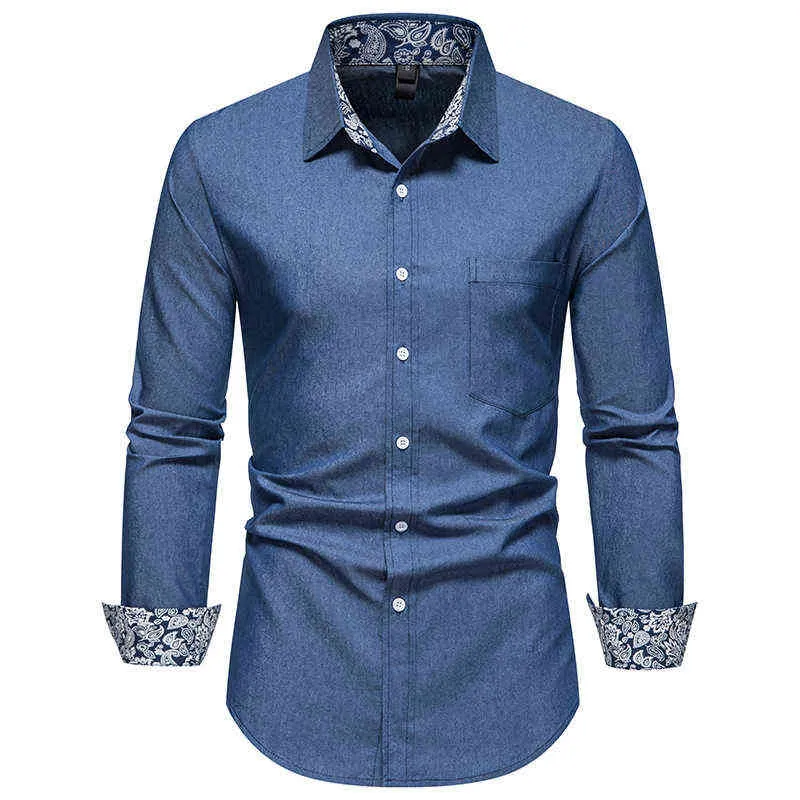 Moda Kovboy Denim Gömlek Erkekler 2022 Marka İnce Fit Uzun Kollu Erkek Elbise Gömlek İş İş Ofisi Gündelik Kimya Homme XXL L220704