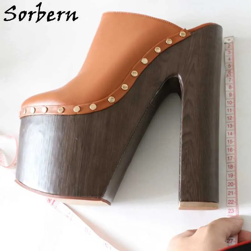 Sorbern Punk Brown Women Slippers Mules High Heels Gold Rivets Closed Toe Shoe Chunky Heeled Female Slides Custom Colors