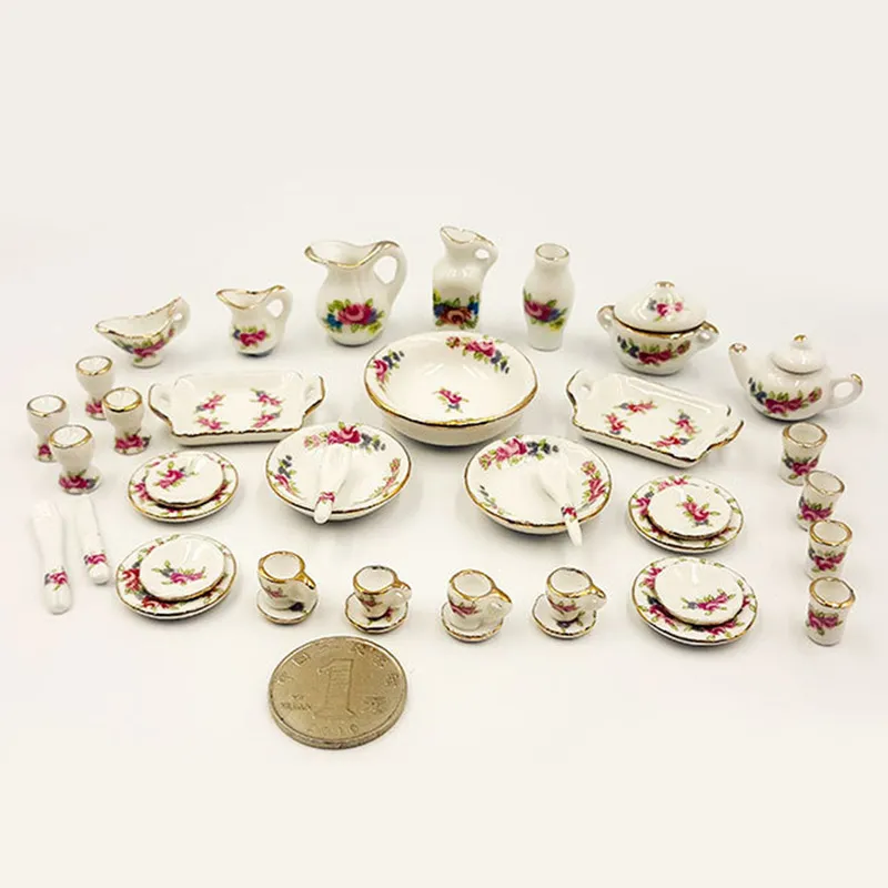 Miniatur-Puppenhaus, rosa Blumenmuster, Porzellan, Kaffee- und Teetassen, Keramikgeschirr, Puppenhaus-Küchenzubehör 220725