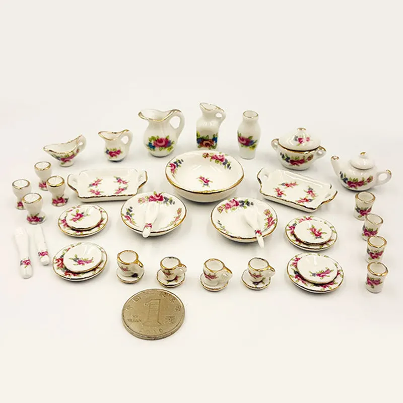 Miniatyr docka hus rosa blommor patten porslin kaffe te koppar keramiska bordsartiklar dollhus kök tillbehör 220725