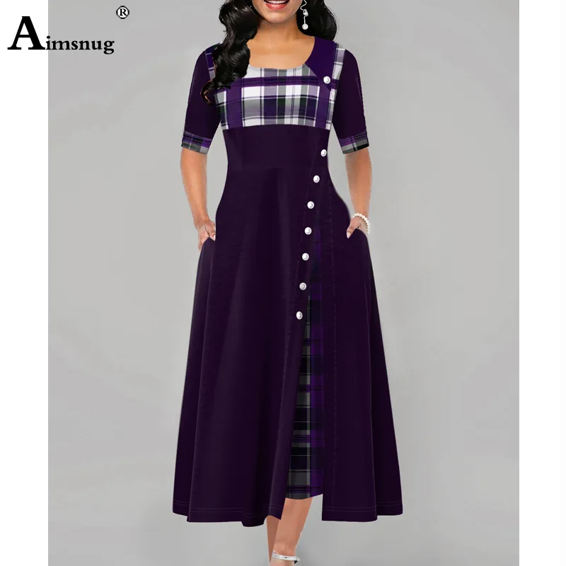 Kvinnor Elegant Long Plaid Print Party Dresses England Style Oregelbundna Robe Ladies Vintage Button Dress Patchwork A Line 220521