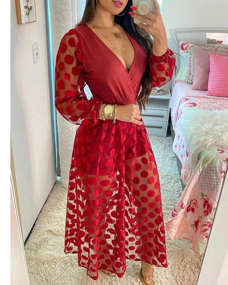 Kvinnokläder Spring Polkadot Print Wrap Long Sleeve Maxi Dress See Through Party Wedding Formal Elegant Boho V Neck 220531