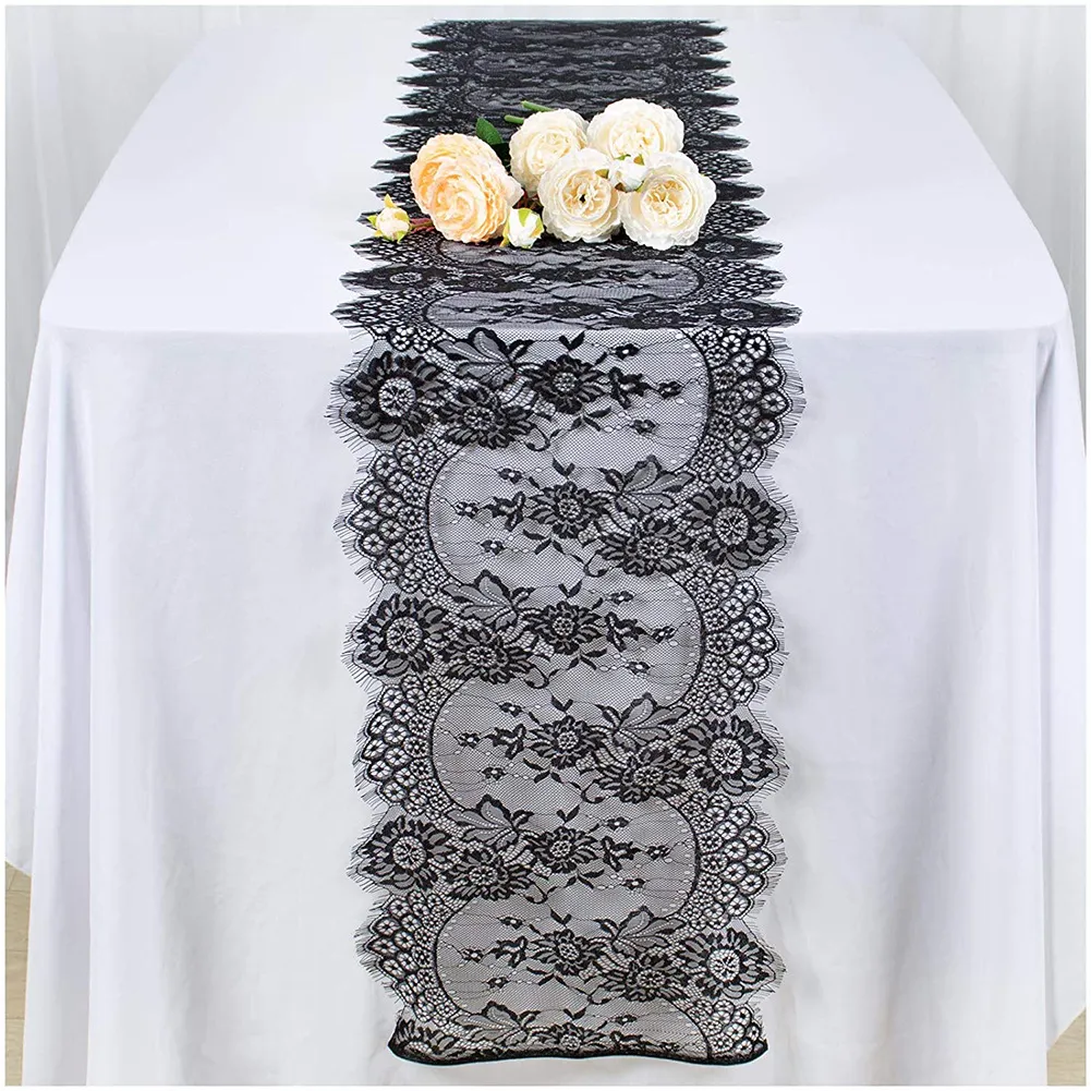 Chemin de Table en dentelle brodé noir et blanc, couverture en tissu de décalage de lit, nappe de cuisine pour fête de noël, décor de mariage
