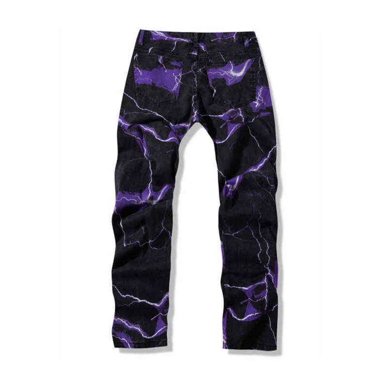 2021 Vibe Style Lightning Print Tie Dye Mężczyźni Proste Y2K Dżinsy Spodnie Hip Hop Vintage Harajuku Kobiety Denim Spodnie Ropa H220414