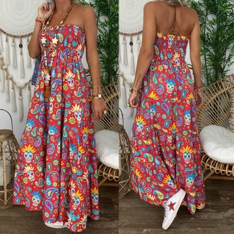 Été pour femmes sans bretelles Bandeau longue robe maxi imprimement floral plage boho tube de soleil robe sans manches sexy