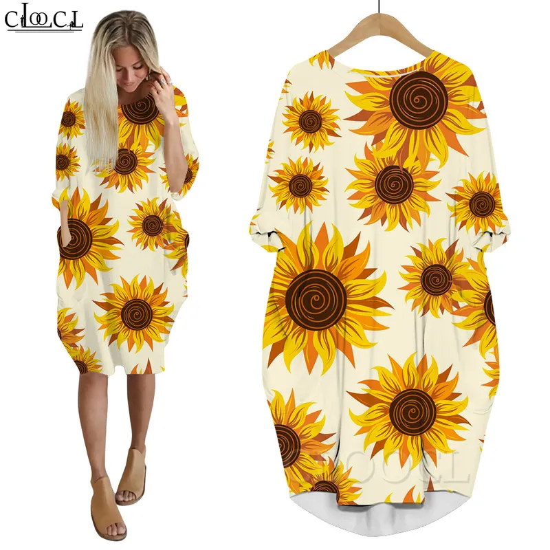 Women Dress Beautiful Sunflower Yellow Flowers 3D Printed Loose Daughter Dresses Long Sleeve Casual Pocket Female Dress W220616