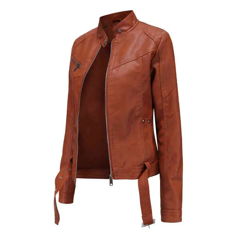 洗浄された革のジャケットの女性春秋のコートメスモーターサイクルモトバイカージッパージャケットレディースchaqueta mujer brown red l220801