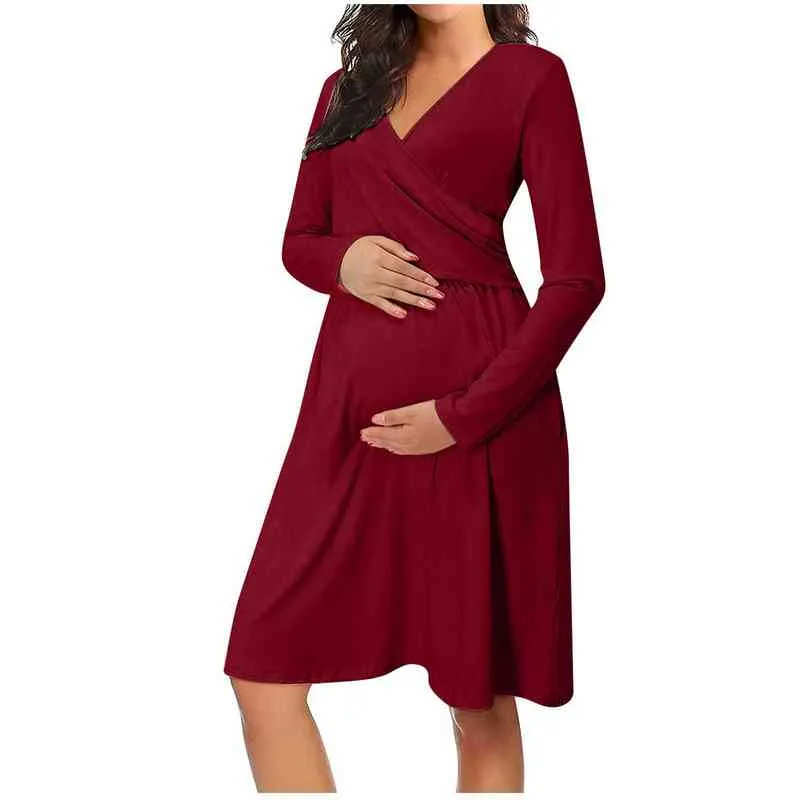Nouvelles robes de maternité pour femmes à manches longues couleur unie robe d'allaitement allaitement avec poche G220309