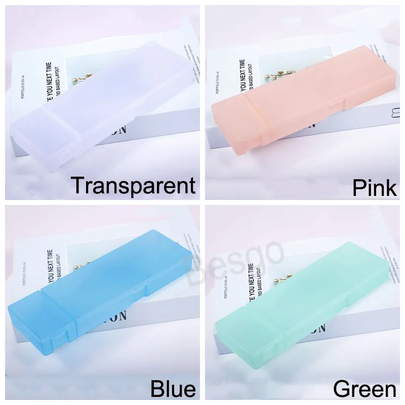 Solid Color Plastic Pen Box Double Grid Student Pencil Case Scrub Translucent Rectangle Pen Boxes School Stationery Supplies BH7034 TYJ