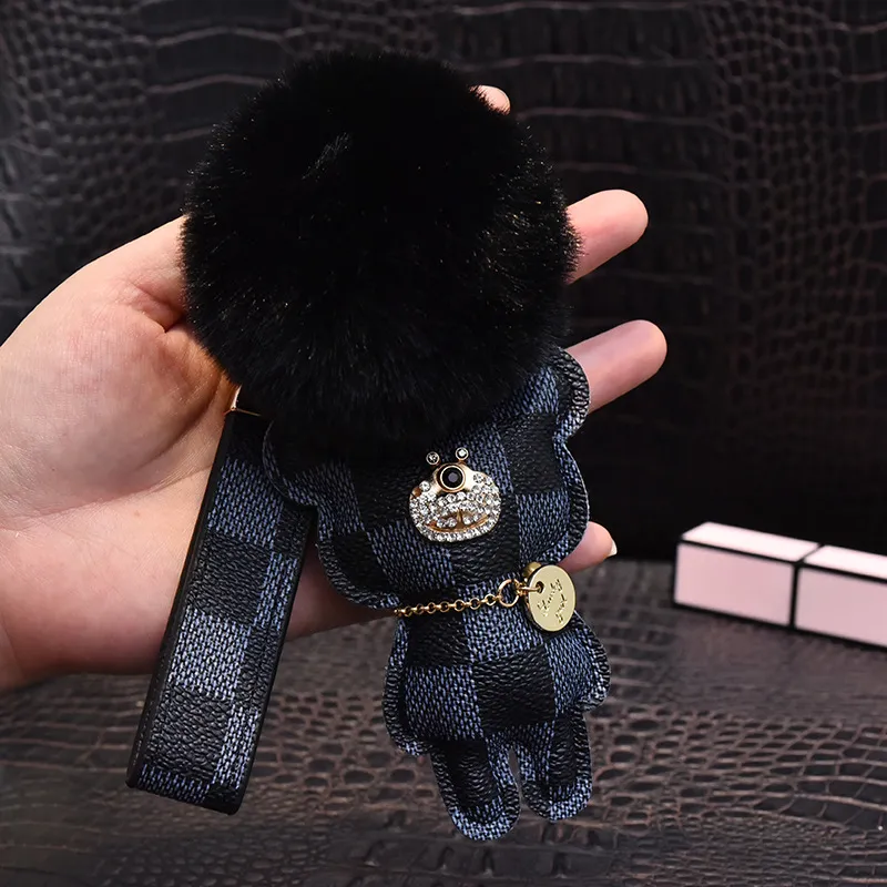 Cat Bear Pompom Key Chain Accessories Fashion Rhinestone Key Ring PU Leather Teddy Car Keychain Buckle Jewelry Bag Charm Animal Ke183t