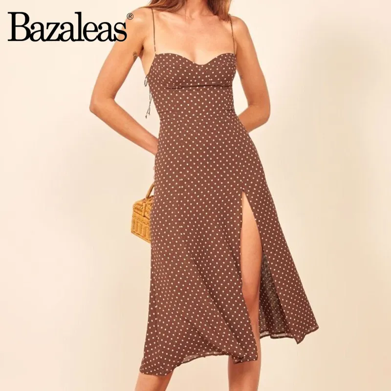 Bazaleas Retro Dresses Slim Chic Brown Dress Sexy Dot Print Split Vestidos Vintage Tube Top Women Dress 220601