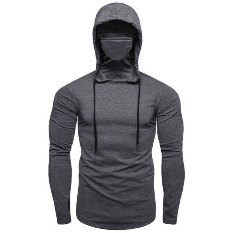 Män tröjor Autumn Casual Gym Thin LongeChes Hoodie Face Cover Solid Color Sweatshirt Men kläder L220801