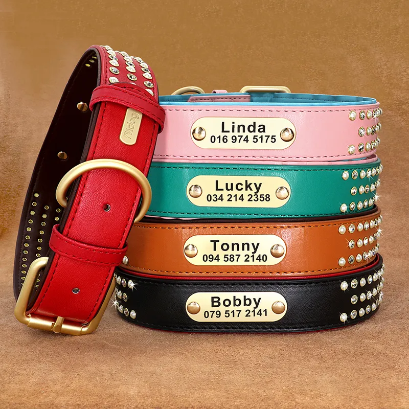 Personalized Dog Collar Bling Leather Pet Collars For Small Medium Large Dogs Engraved Pet ID Nameplate Necklace 220610