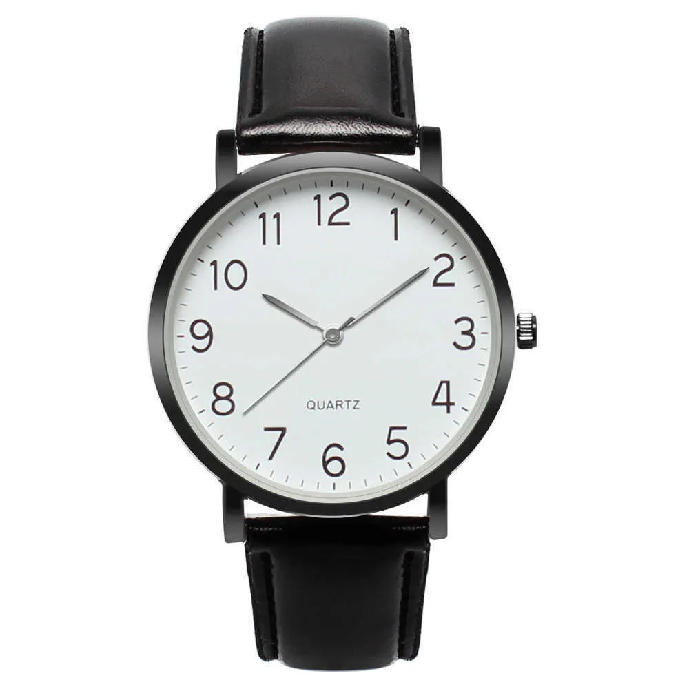 Montre-bracelet unisexe avec chiffres arabes pour femmes, cadran rond minimal, classique, bracelet en cuir noir, à la mode