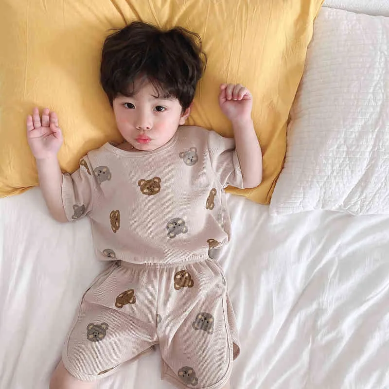Summer boys and girls home clothes waffle short-sleeved T-shirt girls boys go out breathable casual shorts children's suit G220509