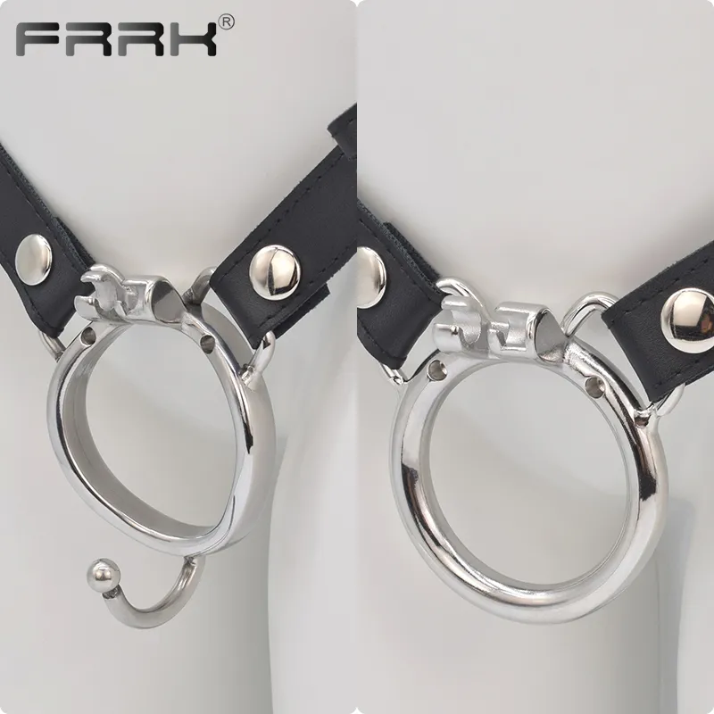 Anillos de pene de Metal FRRK K01 K02 K03 K04 para jaula de castidad FRRK, correa de bloqueo integrada, cinturón de PU de 40mm, 45mm, 50mm, 55mm, tienda de juguetes sexuales 220606