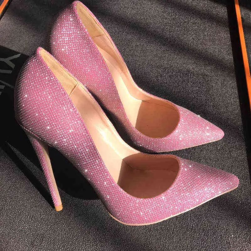 Różowe błyszczące pompki kobiety 12 cm cienkie buty na wysokim obcasie seksowne brokat skóra jasna spiczaste palce samice bleletto bling lf015 Chensir9220513