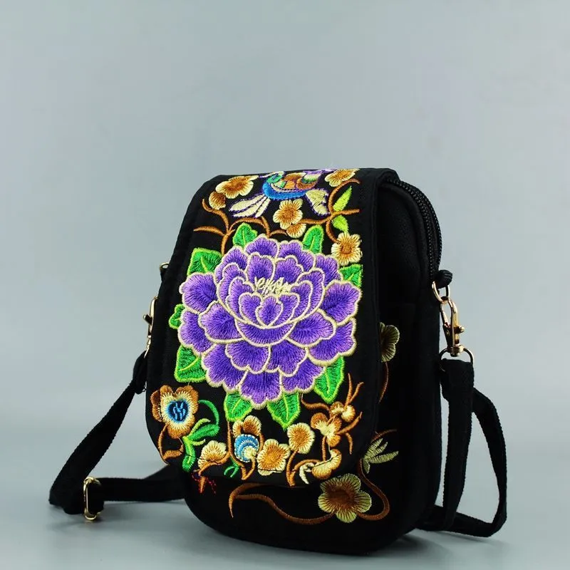 Femmes sac à bandoulière pochette de voyage Vintage Floral brodé bandoulière sac à fermeture éclair brodé téléphone portable sac 220812