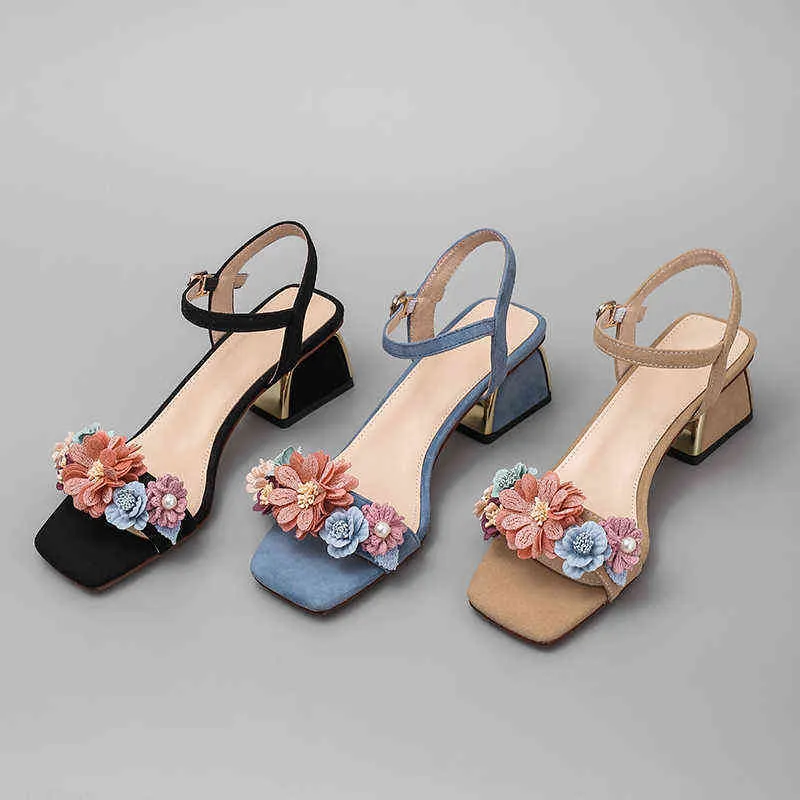 サンダルモードZoete Bloemen vrouwen SandalenSuèdeSomerSchoenen Voor Vrouw Vierkante Teen Medium Hakken Elegante Partij Dames 220427