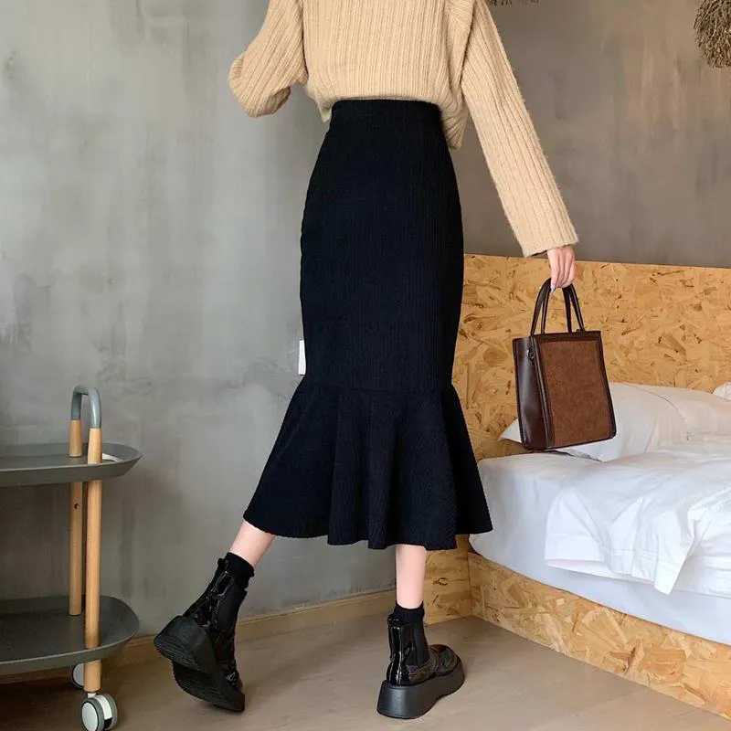 Lucyever Fashion High High Waist Midi Skirt for Women Plus Size S-2XL Slim Fit Hip Mermaid Skirt Woman Korean Ruffles Brown Skirts 220511