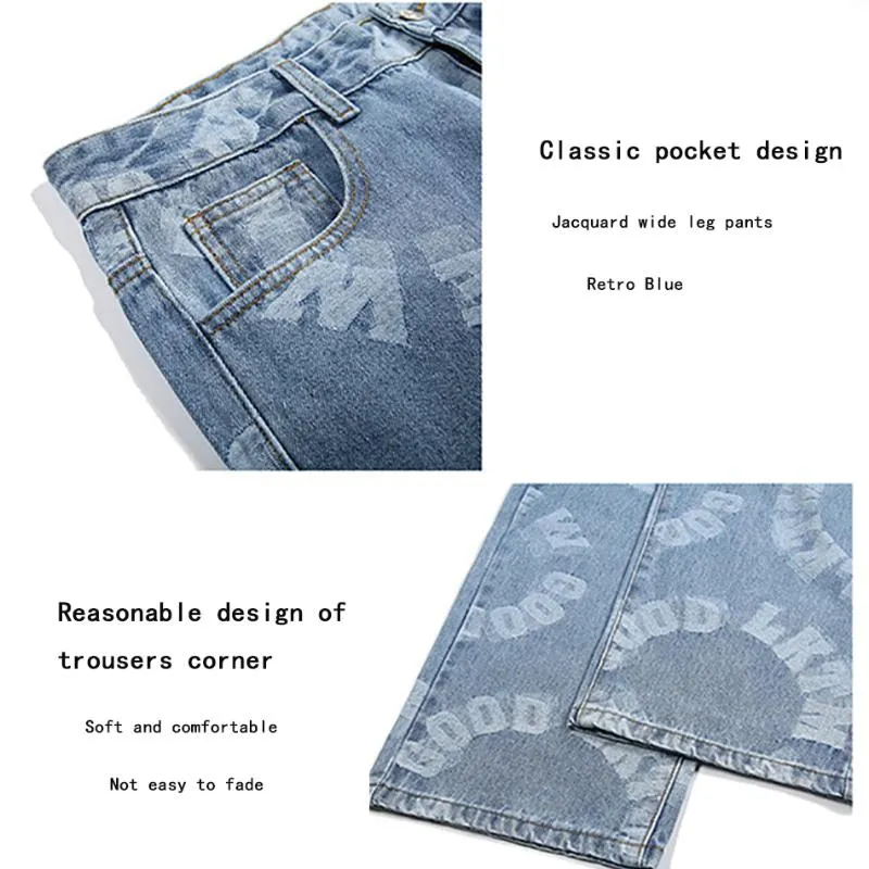 Neue Designer -Herren Jacquard Weitbein Denim Pant charakteristische Buchstaben Muster Jeans Gerade Design Männlich übergroße Hip -Hop -neutrale Hose