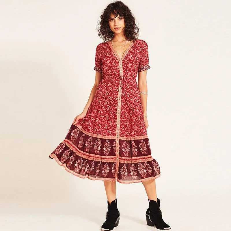 Весенне-летнее платье в стиле бохо с цветочным принтом, длинное однобортное платье миди с высокой талией и v-образным вырезом для отпуска, женское 220514