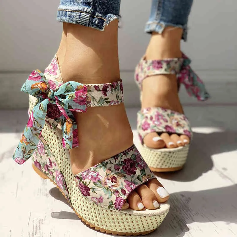 Heel Shoes Woman 2022 Fashion Platform Wedges Women Sandals Floral Flower Lace-up Footwear Female Open Toe Sandalias Mujer Shoe Y220421