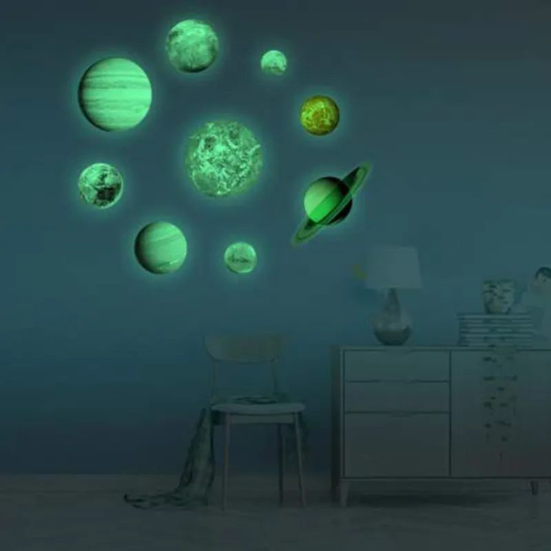 9 stks9 Planeet Zonnestelsel Fluorescerende Muur Stok de Universe Planeet Galaxy Kinderkamer Slaapkamer Lichtgevende Muurstickers 220613