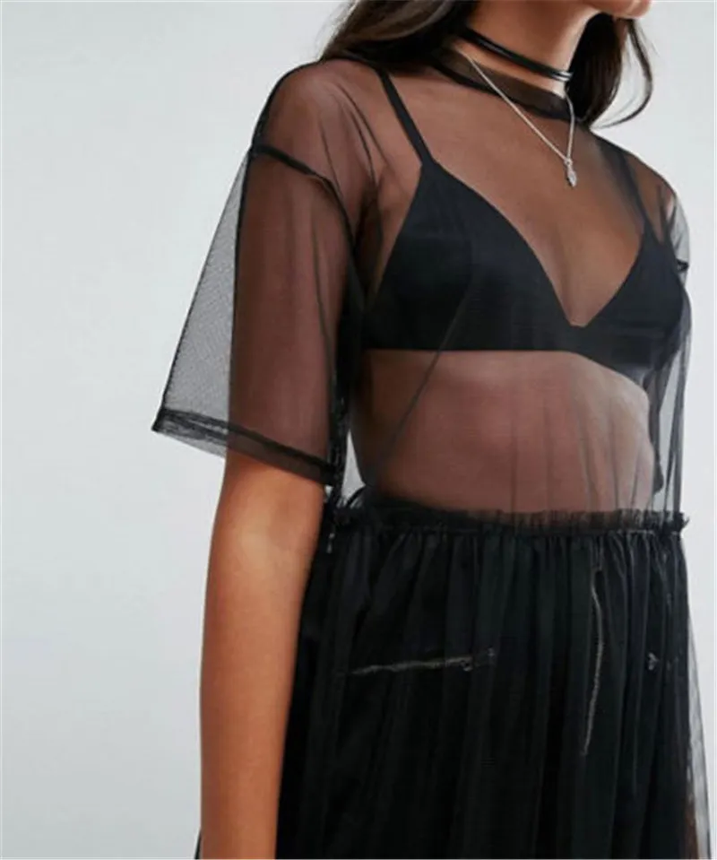 Sexy T Shirt Women Black Gauze Mesh Sheer Tops Long Shirts Casual Loose TShirts Transparent Short Sleeve 220527