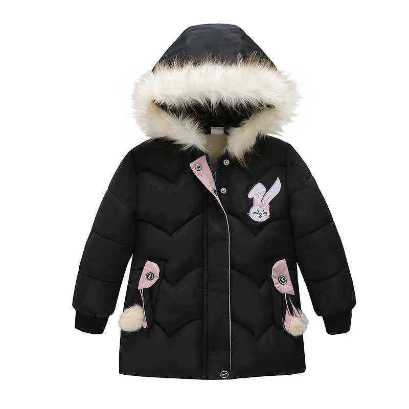 New Winter Thick Keep Warm Jacket For Girl Cartoon Rabbit Fur Collar Hood Heavy Kids Jacket Children Birthday Gift Outerwear J220718