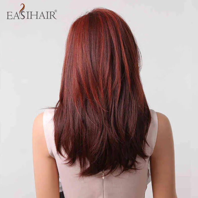 Easihair düz sentetik peruklar şarap kırmızı tarafı patlamalar saç orta katmanlı bordo kadınlar için günlük cosplay ısıya dayanıklı 220525
