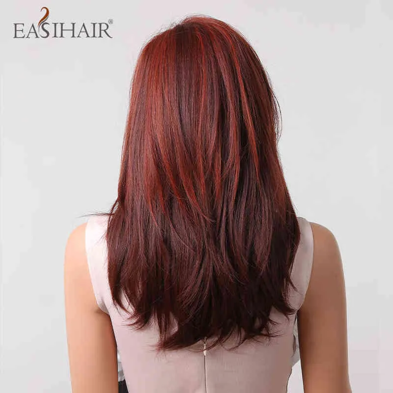 EASIHAIR – perruques synthétiques lisses, frange latérale rouge vin, couches moyennes bordeaux pour femmes, Cosplay quotidien, résistantes à la chaleur, 220525