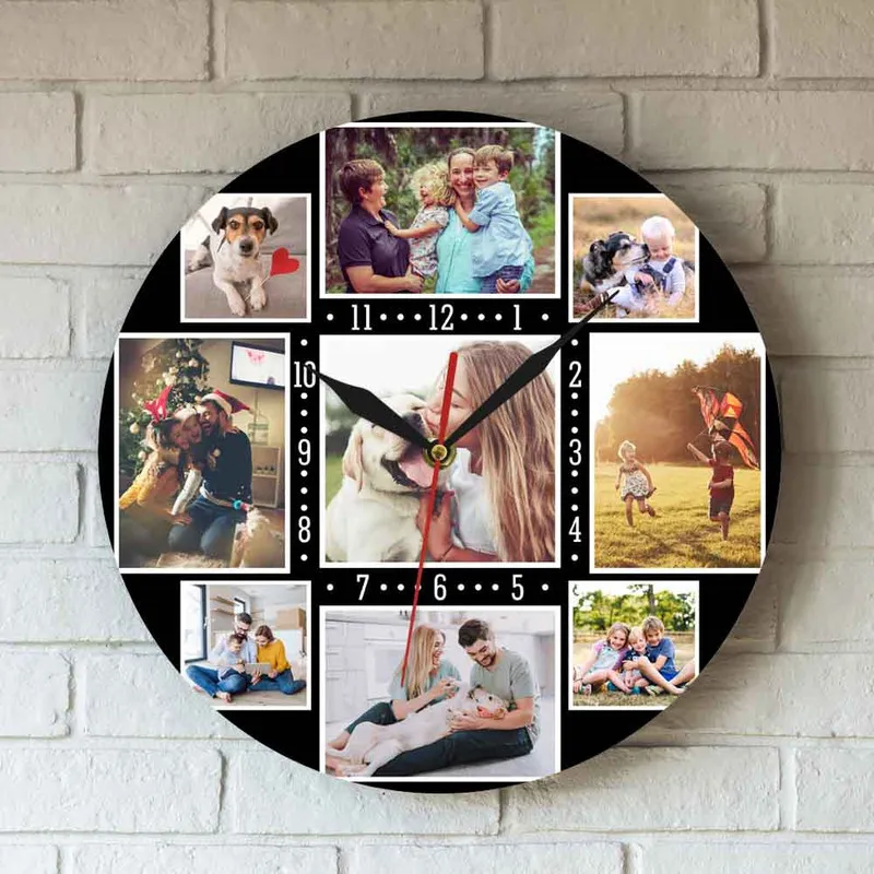 Семейный POS Collage 9 Custom Pictures Black большой акриловый подарок часовых часов для друзей домашний декор настенный висящий часы 220615