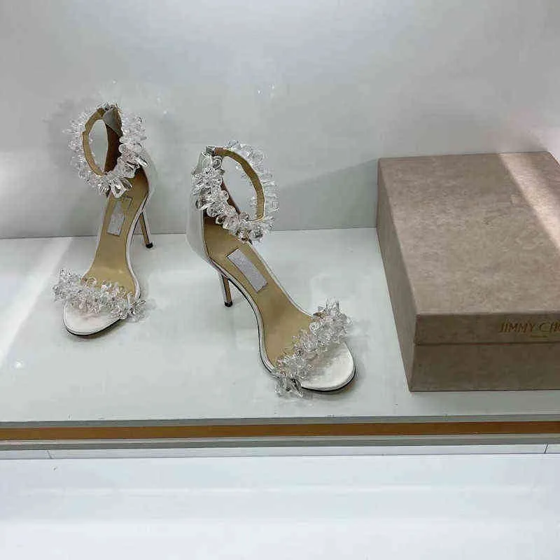 Version haute J talons hauts fleur de glace en cristal 2022 nouvelles chaussures de mariage blanc strass stiletto fée style une ligne sandales