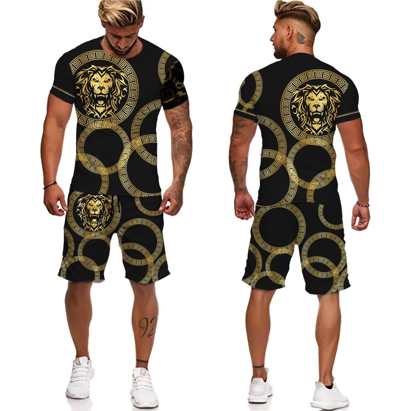 Été Golden Lion Imprimé T-shirt Shorts Costume Hommes s Casual Graphique O cou Tops Pantalon Ensemble Mâle Hip Hop À Manches Courtes Survêtement 220613