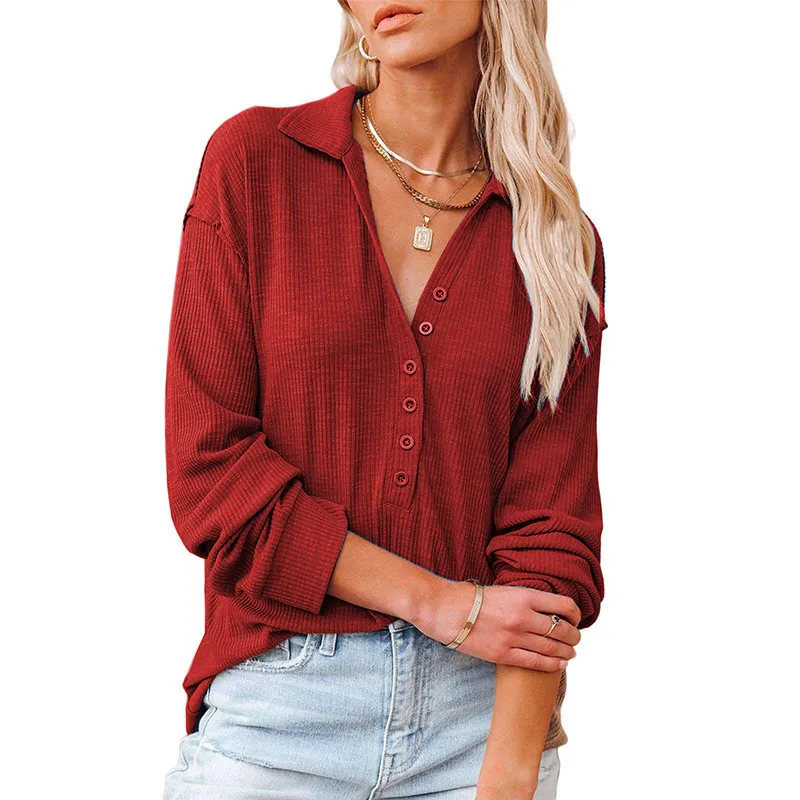 Autumn Winter Henley Shirts Women Casual V Neck Long Sleeve Button Down Ribbed Knit Tops Solid Vintage Loose Pullover Shirt 220321