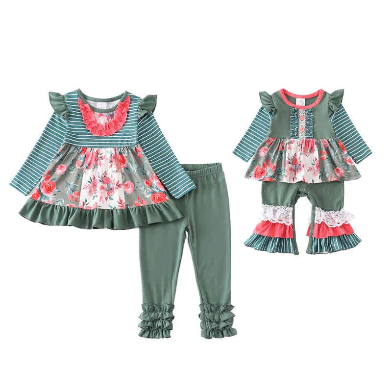 Girlymax outono/inverno irmão wear bebê meninas verde escuro floral flor babados leite seda listra calças conjunto macacão crianças roupas