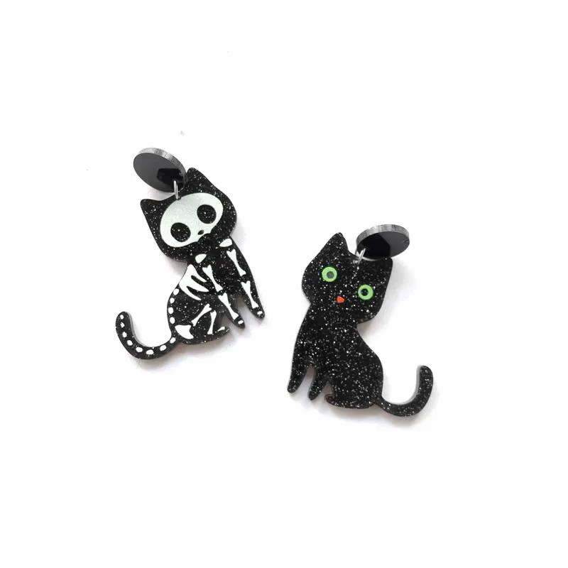 Stud Cute Animal Glitter Black Cat and Skeleton Asymetryczne akrylowe kolczyki dla kobiet Piękny kotek biżuterię kirs22209u