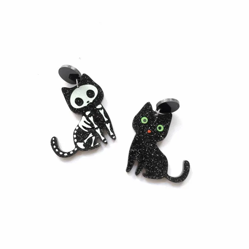 Stud Mignon Animal Glitter Chat Noir Et Squelette Boucles D'oreilles Acryliques Asymétriques Pour Femmes Belle Kitty Bijoux De ModeStud Kirs22263h