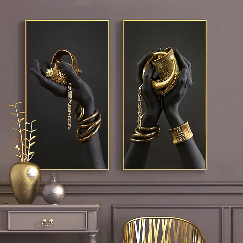 Canvas Print Black Women Hands and Gold Jewelry Poster African Art Oil Painting On the Wall Large Wall Pictures For Living Room