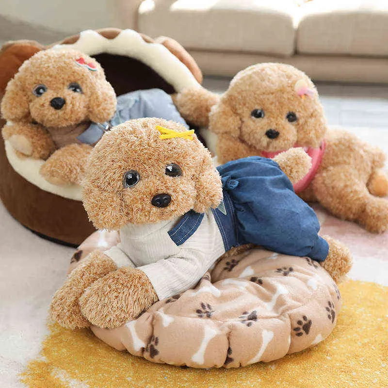 PC CM Vacker klädd Teddy Dog Plysch Toys Kawaii Lying Puppy With Clothes Cushion Födelsedagspresent till barn Girls J220704