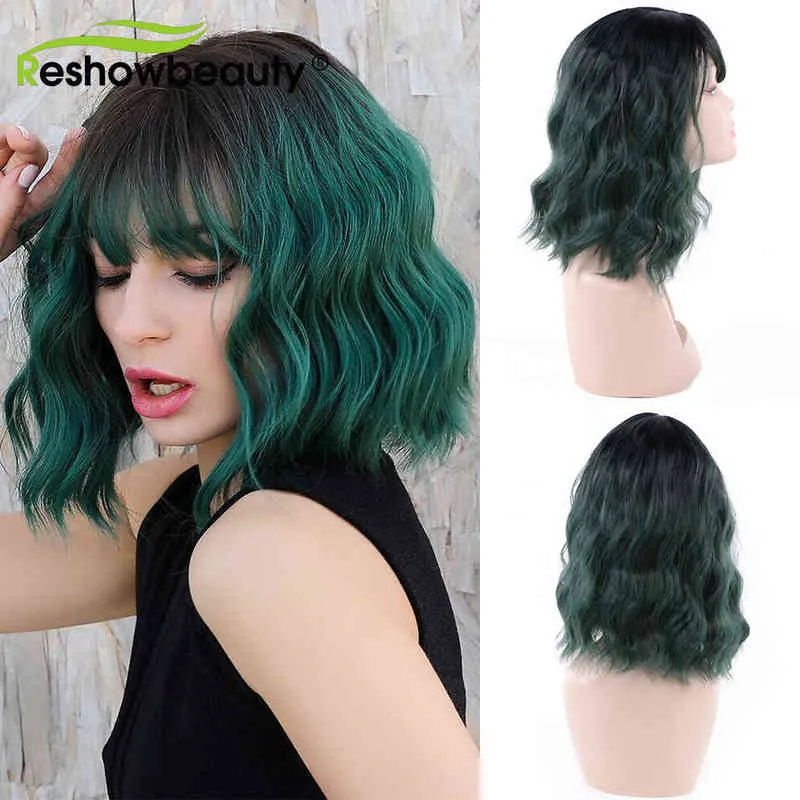 Green Synthetic Wigs for Women Short Bob Wig with Bangs Fringes Natural Wave Blonde Pink Red Machine Made Cosplay Daily Use 220622