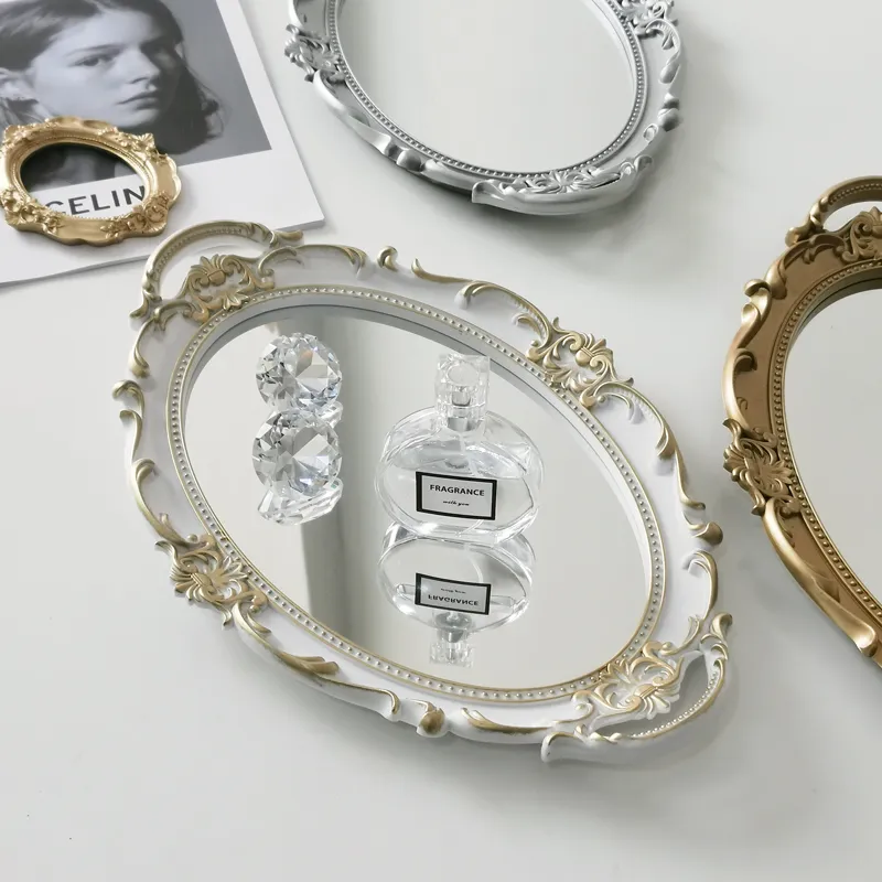 European Decorative Plate Storage Tray Oval Plate Jewelry Display Rotary Candy Decor Tray Mirror Decorative Make Up Mirror 220719