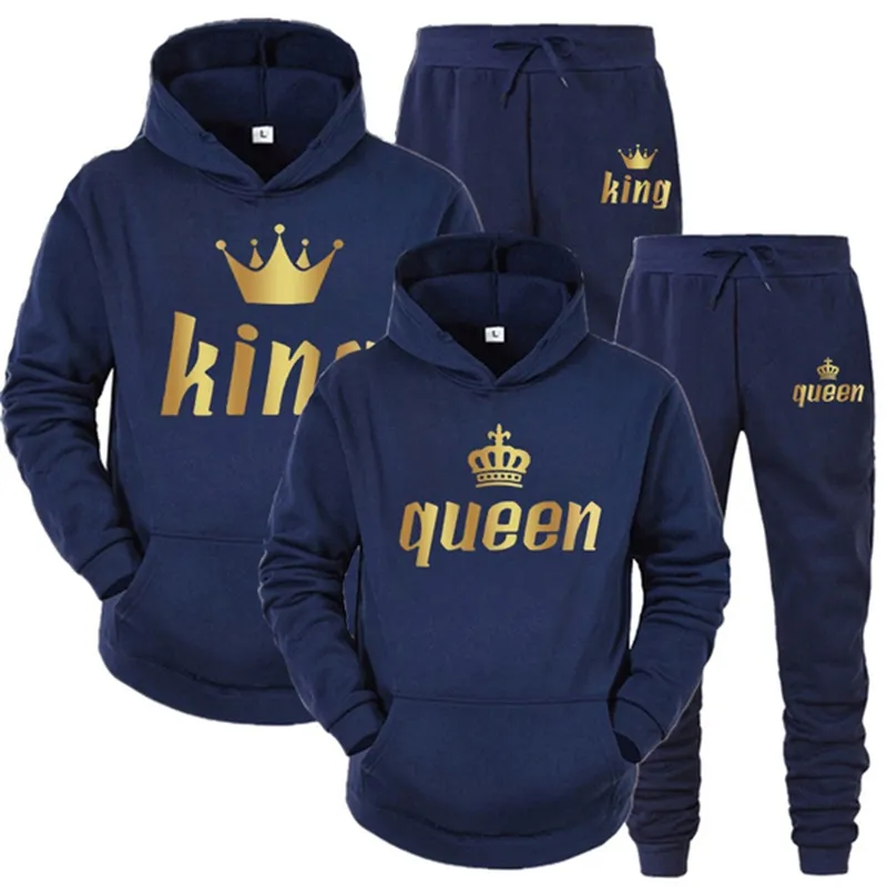 Sale Couple Outfits Hoodie and Jogger Pants High Quality Men Women Daily Casual Sport Jogging Suit King Queen Tracksuit 220315