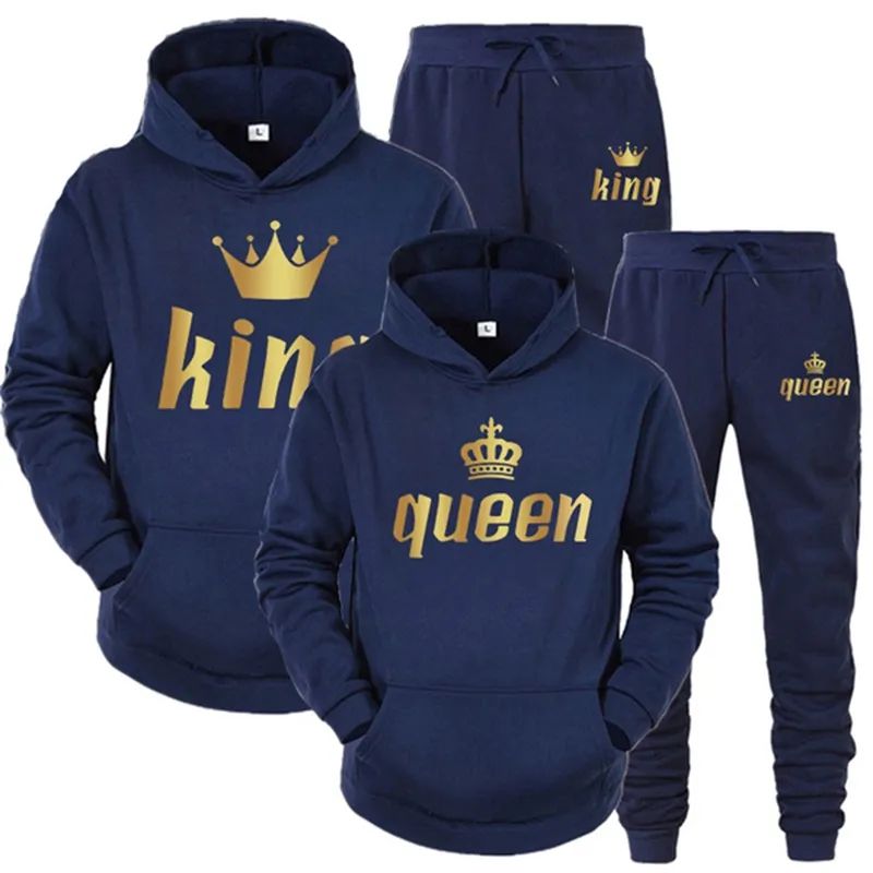 Verkoop paar outfits hoodie en jogger broek hoge kwaliteit mannen vrouwen dagelijks casual sport jogging pak koning queen trainsuit 220315