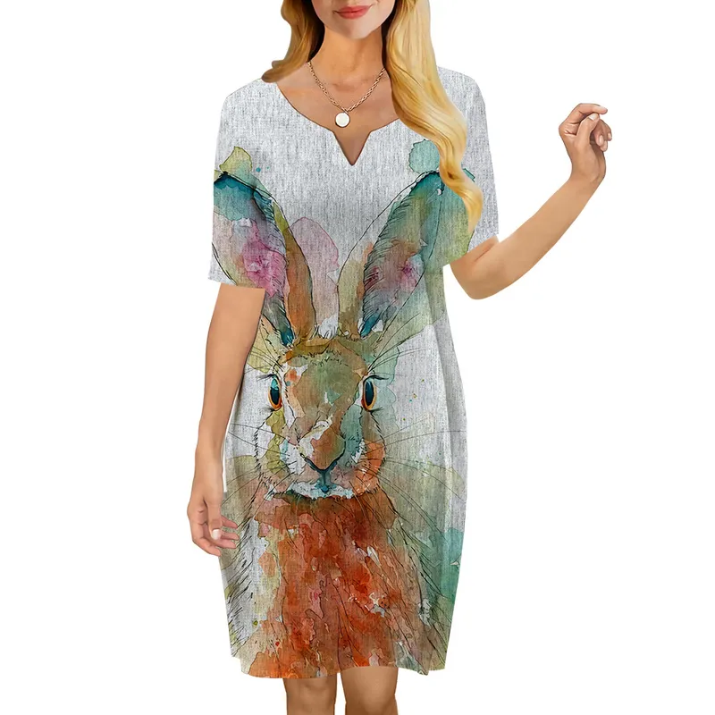 Women Dress Cartoon Rabbit 3D Printed VNeck Loose Casual Short Sleeve Shift Dress for Female Dresses Natural Factors 220616