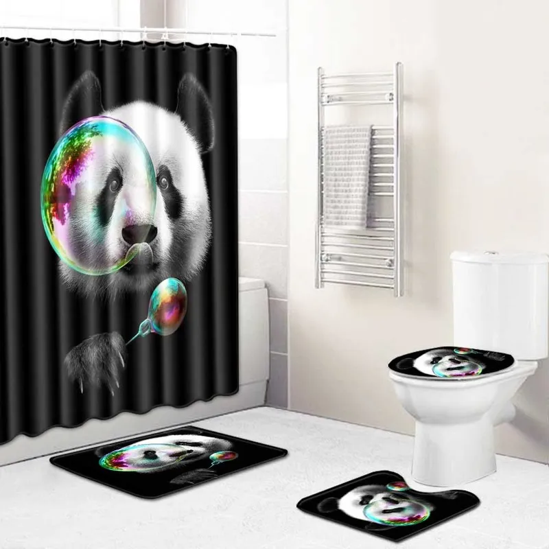 Dierlijke panda print douchegordijn tapijtomslag mat grappige toiletafdekkingen badkussen set badkamer decor non slip tapijt 220429