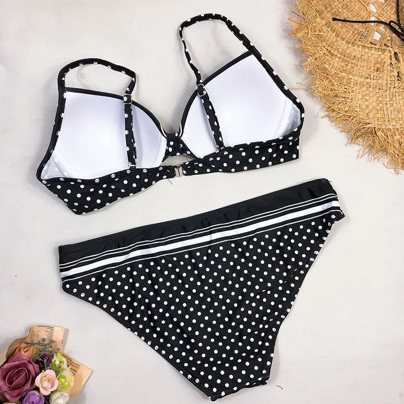 Sexy Swimwear Bikinis Black Swimming Suit For Women Dot Polka Swimsuit Padded Pushup Bikini Set 220621